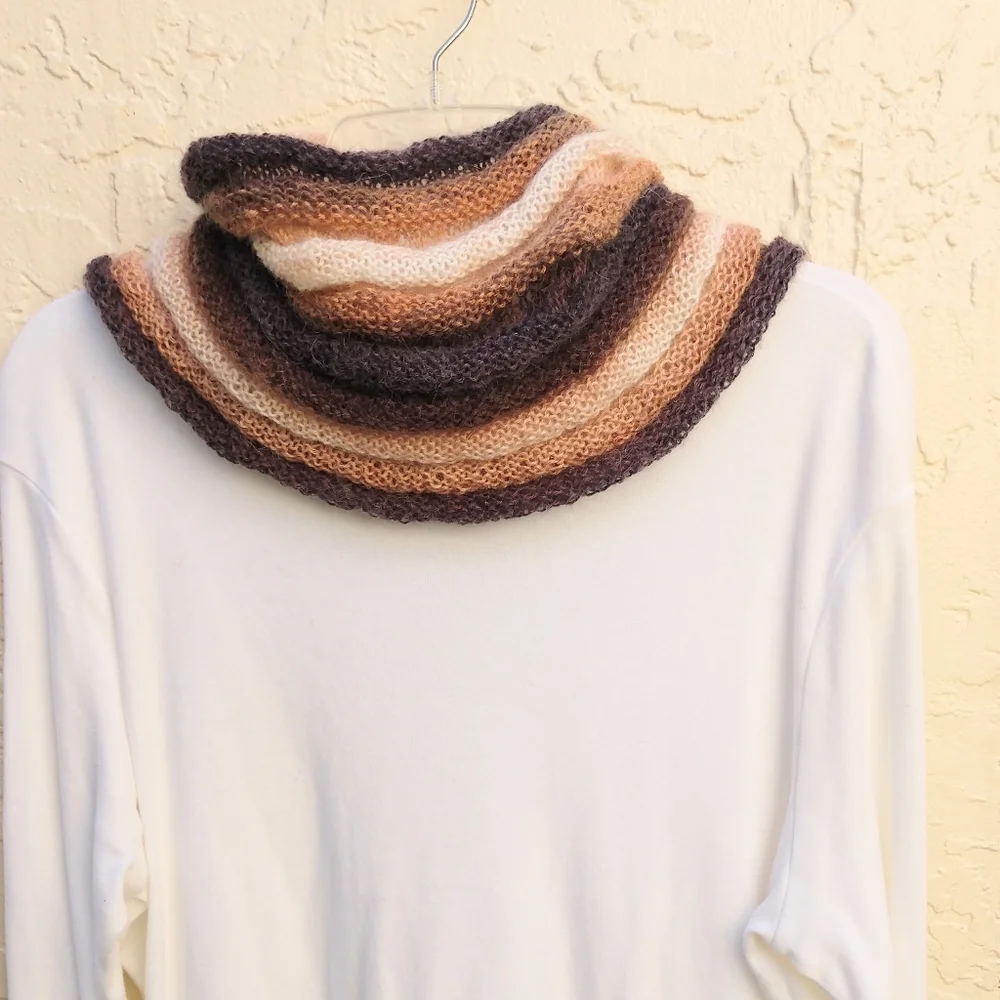 Cowl Scarf Hand Crafted Thin Knit Brown Tan Cream Stripes Hooded Winter Stripes